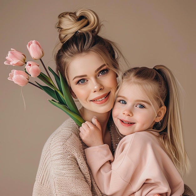 Schöne Mutter und Tochter mit einem Blumenstrauß an Tulpen auf einem grauen Hintergrund