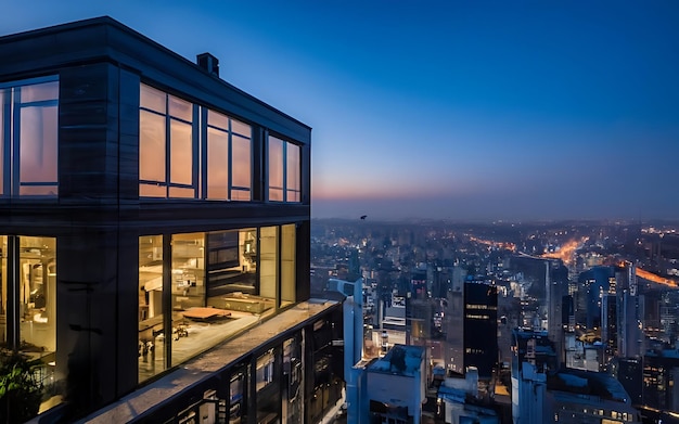 Schöne Nachtansicht über die Stadt von der Terrasse