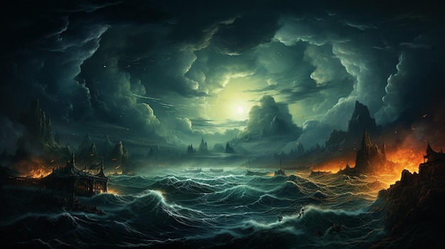 schöne Nachtlandschaft mit einem Schiff ein Schiff mit einem Meer ein Hintergrund mit Wellen