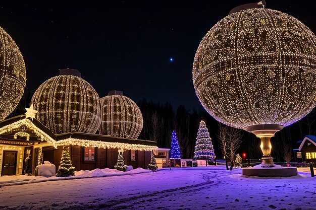 Schöne Nachtszene mit beleuchteten Weihnachtsbällen und Theater