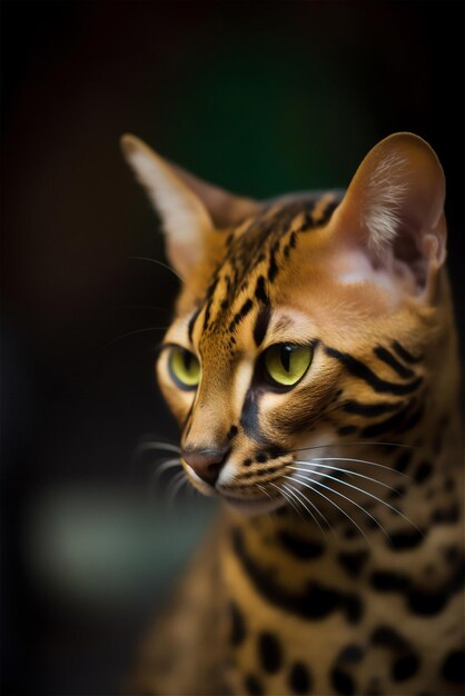 Schöne Nahaufnahme brauner Leoparddruck Katze Kontrast Seitenbeleuchtung Seitenansicht stilvolles dunkles Porträt