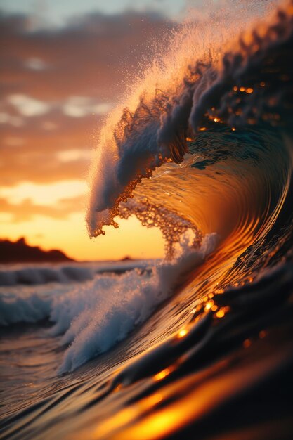 Schöne Nahaufnahme der Welle im Sonnenuntergang