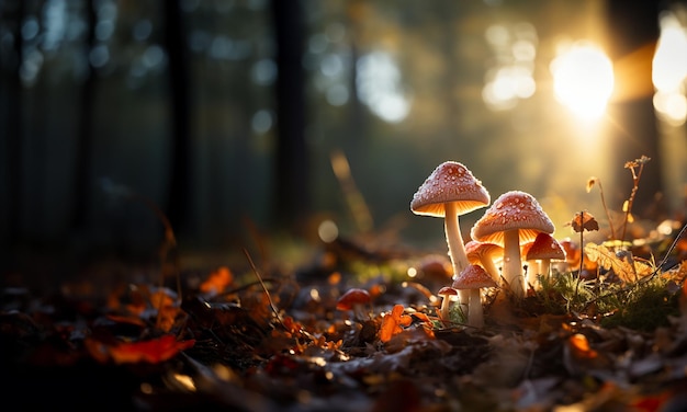 schöne Nahaufnahme von Waldpilzen im Gras Herbstsaison kleine frische Pilze wachsen darin