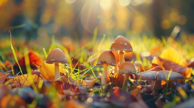 Schöne Nahaufnahme von Waldpilzen im Gras im Herbst. Kleine frische Pilze, die im Herbstwald wachsen.