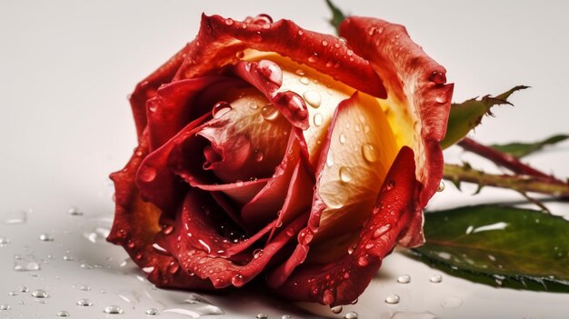 Schöne nasse rote Rosenblüte mit einigen Blättern und Wassertropfen sieht frisch aus, wenn sie auf dem weißen Hintergrund des Studiosets liegt