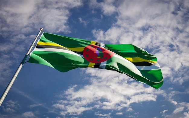 Schöne Nationalstaatsflagge von Dominica, die auf blauem Himmel flattert