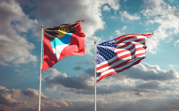 Schöne Nationalstaatsflaggen der USA und Antigua und Barbuda zusammen