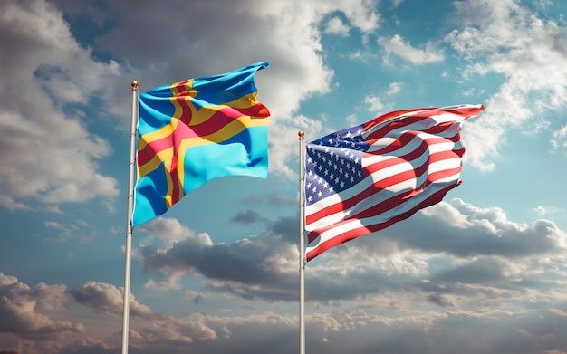 Schöne Nationalstaatsflaggen der USA und der Aland Islands zusammen