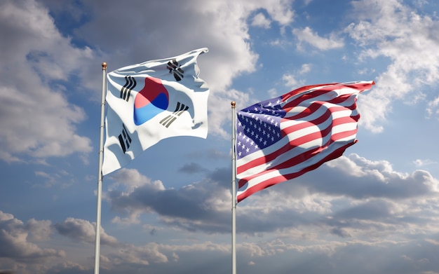 Schöne Nationalstaatsflaggen von Südkorea und USA zusammen