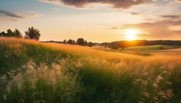 Foto schöne natürliche panoramalandschaft blühendes wildes hohes gras in der natur bei sonnenuntergang warm