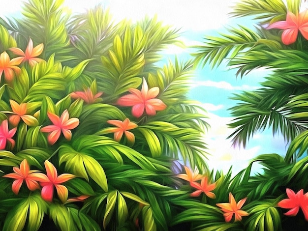 Schöne Natur floral tropische Hintergrundmalerei auf Papier Leinwand Generative AI