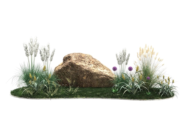 Schöne Naturlandschaft mit Grasflächen, Felsen, Sträuchern, lila Blumen und einem hohen grünen Baum