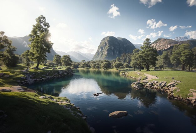 Schöne Naturlandschaft mit grünen Bergen, blauem Himmel, Bäumen, Sonnenlicht, Wasser und Blumen