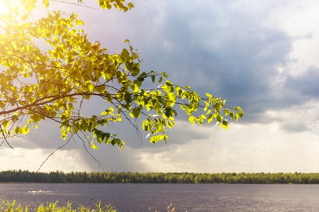 Schöne Naturlandschaft mit wechselndem Wetter von sonnig in regnerisch mit Regenwolke und Sonne über Horizont und See.