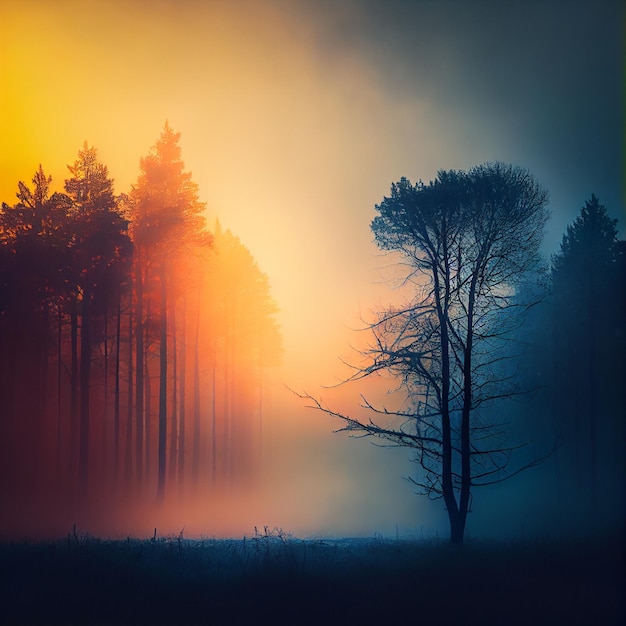 Schöne neblige Waldnaturlandschaft bei Sonnenuntergang oder Sonnenaufgang Generative KI