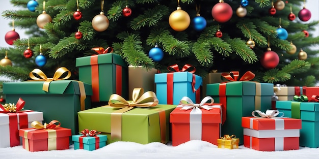 Schöne Neujahrsillustration mit einem geschmückten Weihnachtsbaum und Geschenkboxen. Generative KI