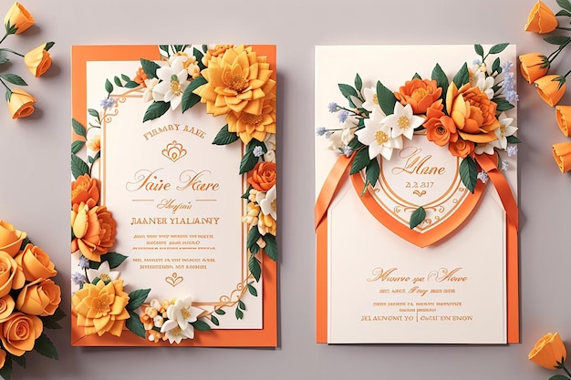 Schöne orangefarbene Designvorlage für Hochzeitseinladungskarten