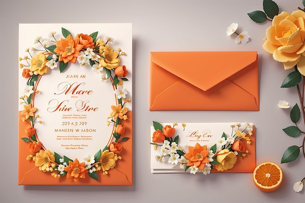 Schöne orangefarbene Designvorlage für Hochzeitseinladungskarten