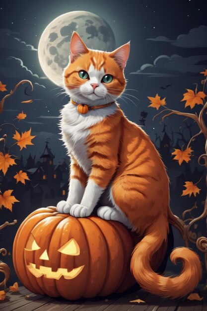 Schöne orangefarbene Katze sitzt auf einem Halloween-Kürbis