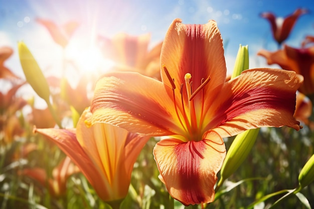 Schöne orangefarbene Lilienblüten im Feld, Nahaufnahme