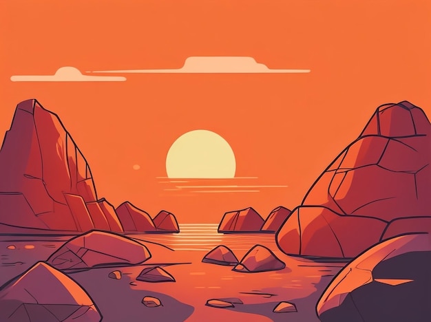 Foto schöne orangefarbene sonnenuntergang mit felsen vektor-illustration