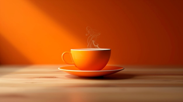 Schöne orangefarbene Tasse auf schönem orangefarbenen Hintergrund Kaffee oder Tee mit Rauch