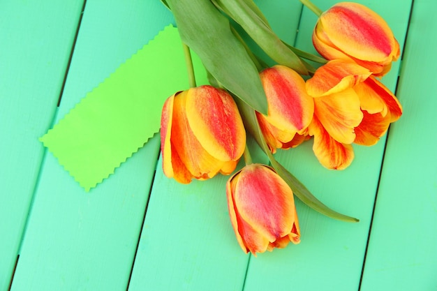 Schöne orangefarbene Tulpen auf farbigem Holzhintergrund