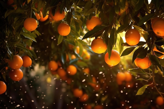 Schöne Orangenfrucht, die in einem Baum hängt