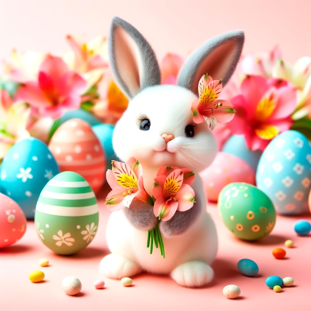Schöne Osterbaby lächelt charmant zwischen farbenfrohen Eiern und Frühlingsblumen