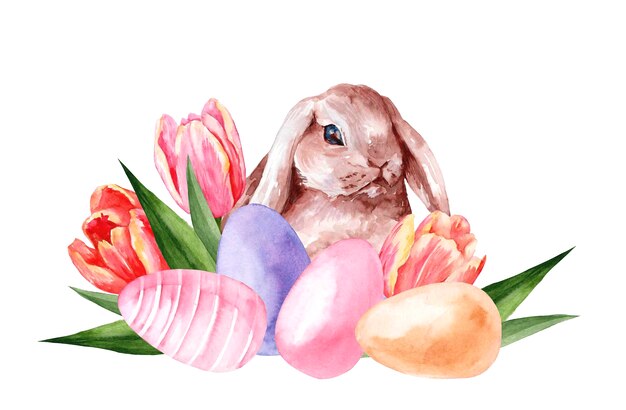 Foto schöne osterhase-eier, frühlingsblumen, von hand gezeichnete aquarellillustration