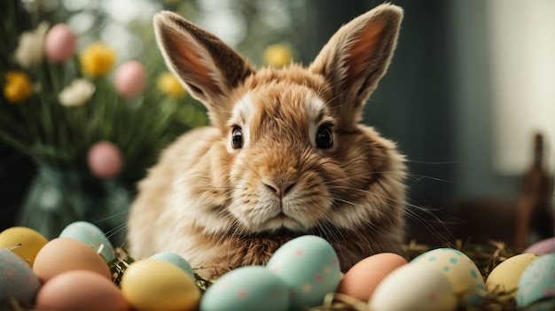 Schöne Osterhase, ein flauschiges Babyhase, das Gras mit einem Korb voller farbenfroher Ostereier auf dem Hintergrund der Natur isst. Symbol des Osterfestes