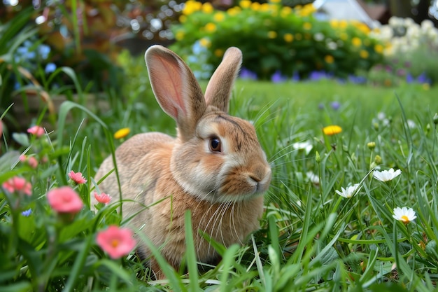 Schöne Osterhase im grünen Gras mit bunten Blumen