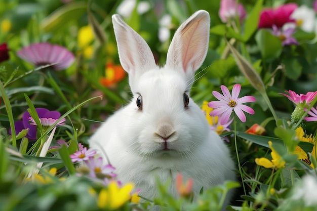 Schöne Osterhase im grünen Gras mit bunten Blumen