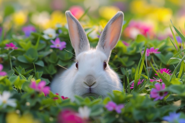 Schöne Osterhase im grünen Gras mit bunten Blumen