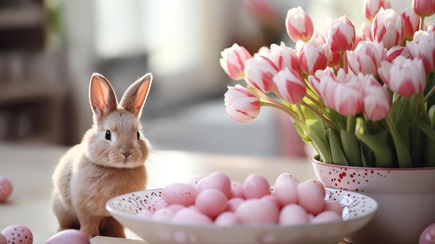 Schöne Osterhase mit Eiern und Blumen auf verschwommenem Hintergrund in Nahaufnahme Generative KI