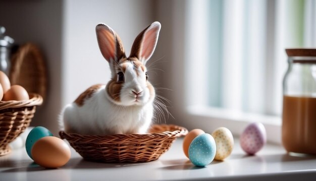 Schöne Osterhase sitzt auf dem Küchentisch und sucht nach Ostereiern Konzept des Feiertags und der Traditionen