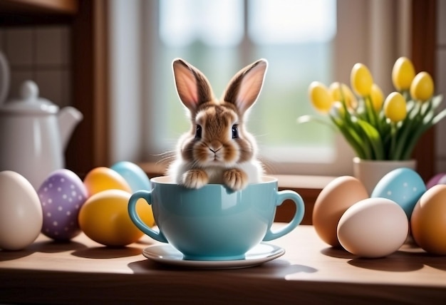 Schöne Osterhase sitzt auf einer Tasse und sucht nach Ostereiern Konzept von Feiertagen und Frühlingstraditionen