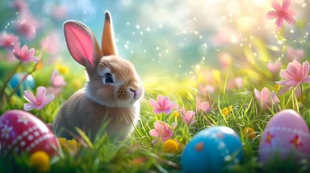 Schöne Osterkarte mit bunten Eiern, grauem Kaninchen und Blumen Naturmagie Hintergrund