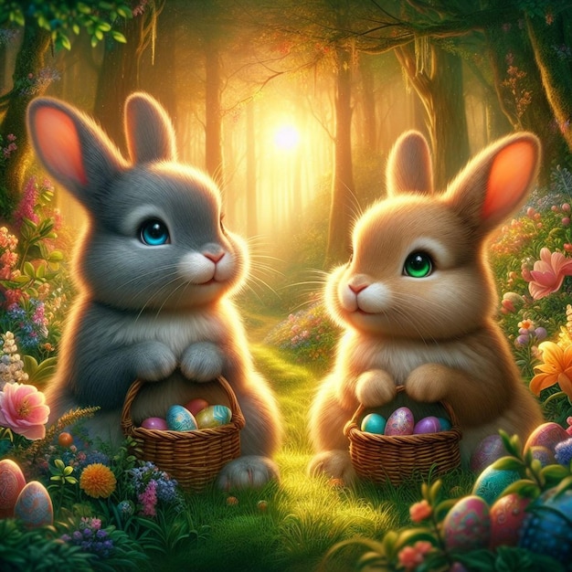 Schöne Ostern-Hintergrundbilder von zwei Kaninchen, die in einem magischen Wald sitzen Ostern-Kaninchen