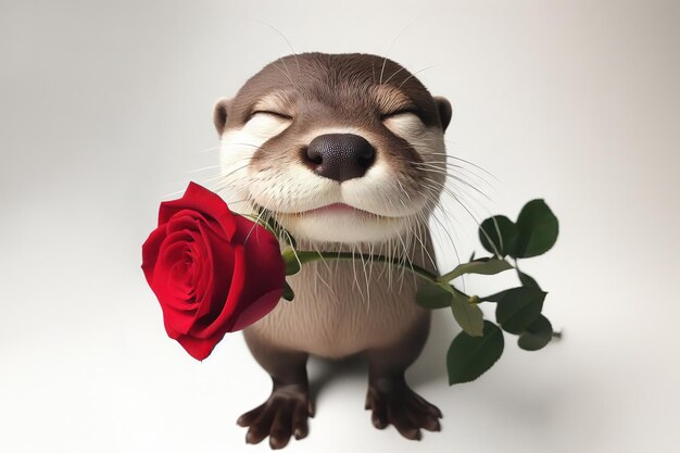 Schöne Otter sitzt mit geschlossenen Augen mit roter Rose im Mund, isoliert auf einem weißen Hintergrund