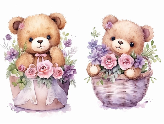 Schöne Paar Aquarell Teddybären mit Ballon und Blumen Dekoration Vektor Illustrationen für Geburtstagsfeier Kinder Buch Aufkleber Stoff T-Shirt Wandkunst Cover Buch