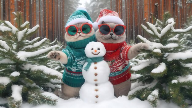 Schöne Paarkatze in Winterkleidung und Schneemann auf Winterwald-Hintergrund