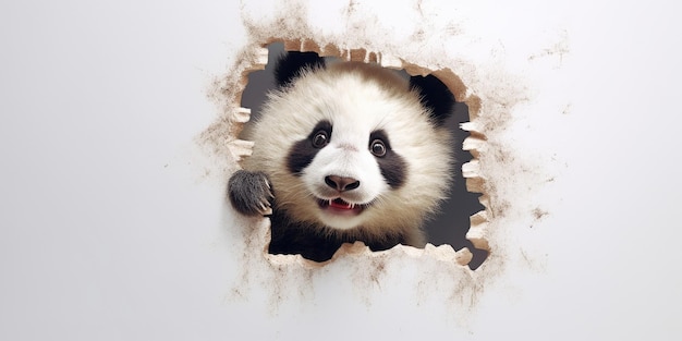 Schöne Panda, die aus einem Loch in der Wand schaut, zerrissenes Loch, leeres Kopierraumrahmen-Mockup, generatives KI-Bild-Weber