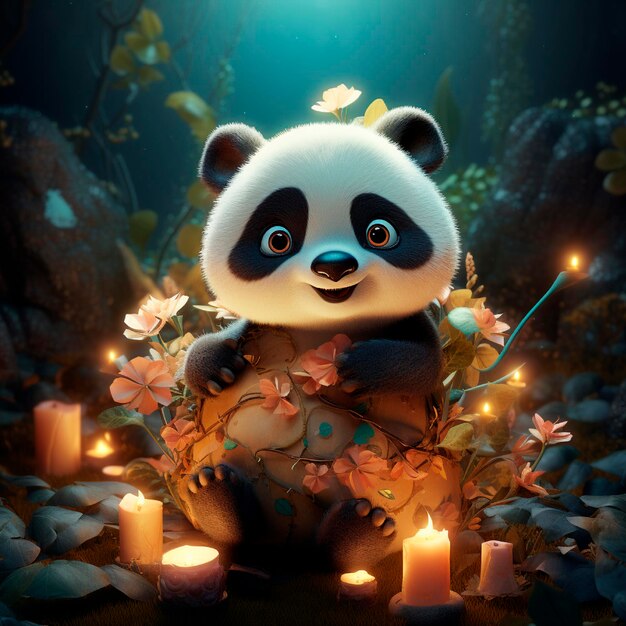 Schöne Panda umgeben von Elementen, die von einer schönen Illustration inspiriert sind