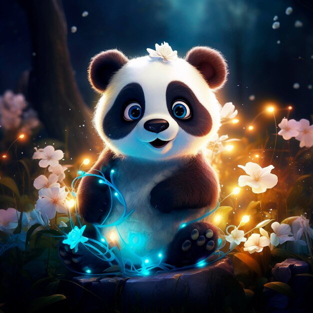 Schöne Panda umgeben von Elementen, die von einer schönen Illustration inspiriert sind