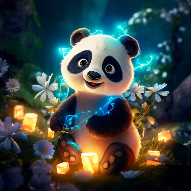 Schöne Panda umgeben von Elementen, die von einer schönen Illustration inspiriert sind