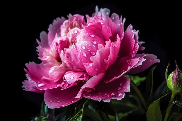 Schöne Pfingstrosenblume mit Wassertropfen auf schwarzem Hintergrund Generative KI