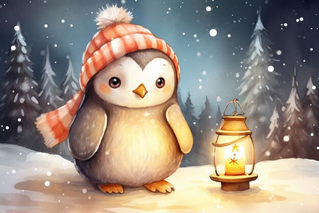 Schöne Pinguine in einem Hut Illustration ein Winterwald Weihnachtsstimmung