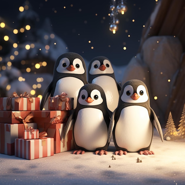 Foto schöne pinguine mit weihnachtsgeschenken