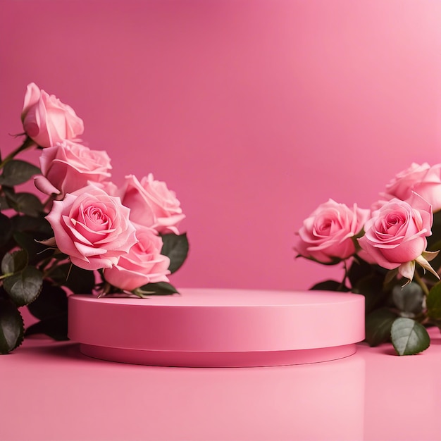 Foto schöne podiumsvorführung für ihr produkt mit rosa rosen